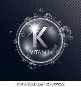 Vitamin K collagen in the form of a bubbles transparent with white drops water surround. Isolated 3D Vector. Used for advertising cosmetic products.