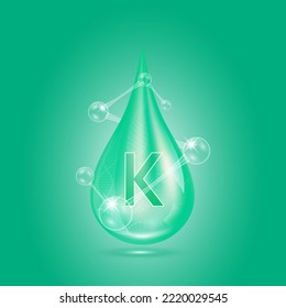 Vitamin K collagen serum water drop isolated on dark background. Solution complex green with molecule oxygen bubbles surround. Beauty skincare cosmetics. Medical concepts. 3D Realistic Vector.