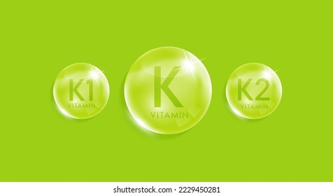 Vitamin K complex droplet. Chemical formula nature extracted from fruits and vegetables. Minerals water green. Beauty treatment nutrition skin care. Medical scientific concepts. Realistic 3D Vector.