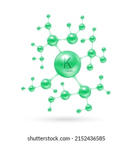 Vitamin K complex and minerals in molecular form. Dietary supplement for pharmacy advertisement. Science medic concept. Green vitamin isolated on white background. Vector EPS10.