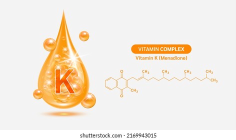 Vitamin K drop and structure isolated on white background. Vitamin solution complex orange balls with bubbles. Beauty treatment nutrition skin care design. Medical scientific concepts. 3D vector.