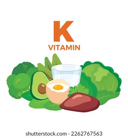 Vitamin K in food icon vector. Vitamin K food sources vector illustration isolated on a white background. Green leafy vegetables, milk, egg, liver vector. Pile of healthy fresh food drawing