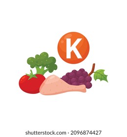 Vitamin K food natural sources, flat vector illustration isolated on white background. Healthy eating and healthcare concept, food nutrition elements infographic.