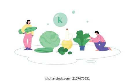 Vitamin K food sources with abstract cartoon characters, flat vector illustration isolated on white background. Enriched in vitamin K foods - cabbage, spinach, cucumber, avocado and oil.