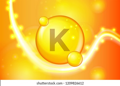 Vitamin K gold shining pill capsule icon . Vitamin complex with Chemical formula. shine gold sparkles. medical and pharmaceutical ads. Vector illustration