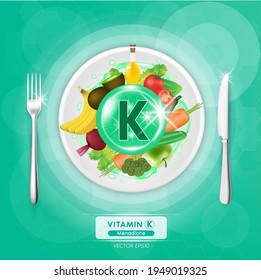 Vitamin K green icons benefits and sources. Healthy food of vitamins fruits, vegetables are placed on plates with knives and forks on the side, Top view. 3D Vector EPS10 illustration