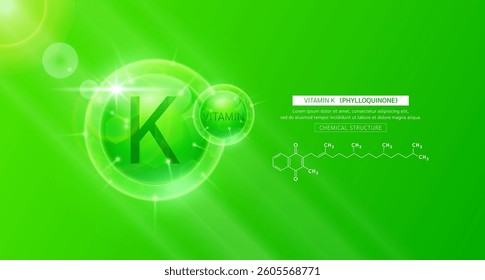 Vitamin K green or Phylloquinone and chemical structure. Vitamins complex serum. For design skin care products beauty treatment. Medical scientific concepts. Vector EPS10.