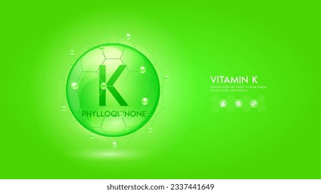 Vitamin K green solution or Phylloquinone. Innovation repair maintain bright skin care anti aging. Vitamins complex and collagen serum. For medical beauty treatment nutrition cosmetic design. Vector.