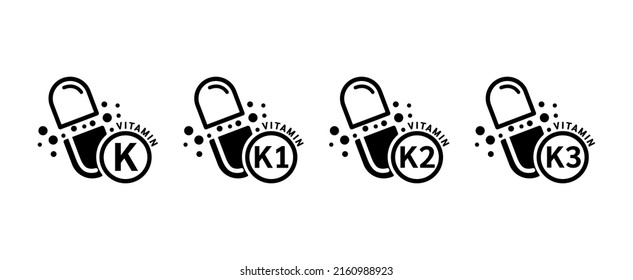 Vitamin K icon black in capsule form simple line. Vitamins set isolated on a white background. Medical symbol concept. Design for use on web app mobile and print media. Vector EPS10 illustration.