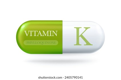 Vitamin K icon. Phylloquinone K vitamin complex. Drop pill capsule. Vector 3d illustration