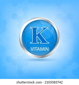 Vitamin K icon structure blue substance. 3D Vector Illustration. Personal care, beauty concept. Medicine health symbol of thiamine. Drug business concept. Vitamin complex with chemical formula. 