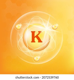 Vitamin K icon structure gold yellow substance. Medicine health symbol of thiamine. Vector Illustration. 3D Vitamin complex with chemical formula. Personal care, beauty concept. Drug business concept.
