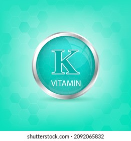 Vitamin K icon structure light green substance. Personal care, beauty concept. Medicine health symbol of thiamine. Drug business concept. Vector Illustration. 3D Vitamin complex with chemical formula