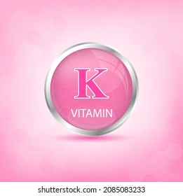 Vitamin K icon structure pink substance.  Personal care, beauty concept. Medicine health symbol of thiamine. Drug business concept. Vector Illustration. 3D Vitamin complex with chemical formula. 