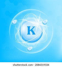 Vitamin K icon structure white blue substance. Medicine health symbol of thiamine. Vector Illustration. 3D Vitamin complex with chemical formula. Personal care, beauty concept. Drug business concept.