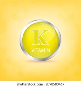Vitamin K-Symbol strukturiert gelbe Substanz. Persönliche Pflege, Beauty-Konzept. Medizinisches Gesundheitssymbol von Thiamin. Konzept des Drogenhandels. 3D-Vektorgrafik. Vitamin-Komplex mit chemischer Formel.
