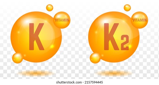 Vitamin k and k2 gold shining icons. Ascorbic acid. Vector illustration
