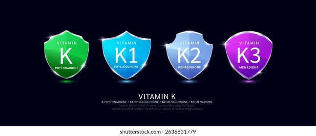 Vitamin K K2 K3 in translucent glass shield aluminum frame shiny modern 3D isolated on dark background. For design dietary supplement products. Health care protection. Vector.