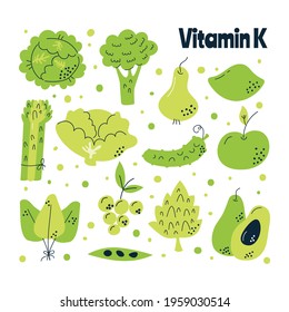 Vitamin K main food sources: cabbage, spinach, asparagus, avocado. Vector illustration in a hand-drawn style. Perfect for pharmacological or medical poster, flyer, banner.