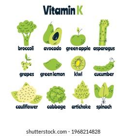 Vitamin K main food sources: cabbage, spinach, asparagus, avocado. Vector illustration in a hand-drawn style. Perfect for pharmacological or medical poster, flyer, banner.