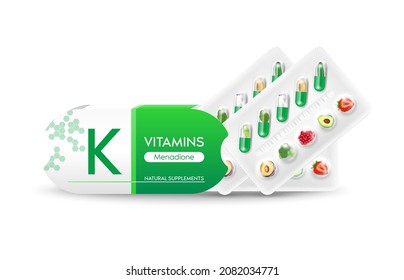 Vitamin K medicine capsule green. Fruits and vegetables that neutralize free radicals. With chemical formula. Anti aging beauty enhancement concept and health care. 3D vector EPS10.