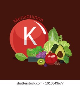 Vitamin K (menaquinone). The composition of natural organic vegetables and fruits, with the highest content of vitamin K. Colored background