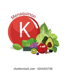 Vitamin K (menaquinone). The composition of natural organic vegetables and fruits, with the highest content of vitamin K. White background
