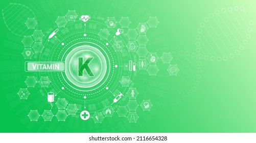 Vitamin K and Mineral supplements complex pharmaceutical capsule. Vitamins food sources and functions. Health care and science icon pattern medical innovation. On a green background. Vector EPS 10.