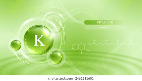 Vitamin K on a green background. skin care with water droplets is absorbed into the skin and cells. use ads, lotions, serums, creams. medical and scientific concepts. vector.