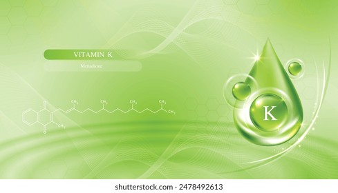 Vitamina K sobre fondo verde. el cuidado de la piel con gotitas de agua se absorbe en la piel y las células. use anuncios, lociones, sueros, cremas. conceptos médicos y científicos. Vector.