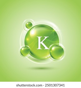 La vitamina K sobre un fondo verde. el cuidado de la piel con gotitas de agua se absorbe en la piel y las células. use anuncios, lociones, sueros, cremas. conceptos médicos y científicos. Vector.