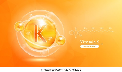 Vitamin K orange and structure. Pill vitamins complex and bubble collagen serum chemical formula. Beauty treatment nutrition skin care design. Medical and scientific concepts. 3D Vector EPS10.