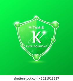 Vitamin K Phylloquinone in green molecule shield. Fruit vegetable pattern. Supplements to protect health. For nutrition products food. Vector illustration.
