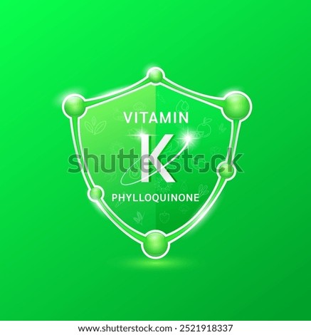 Vitamin K Phylloquinone in green molecule shield. Fruit vegetable pattern. Supplements to protect health. For nutrition products food. Vector illustration.