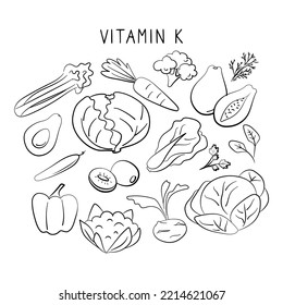 Vitamin K Phylloquinone. Groups of healthy products containing vitamins. Set of fruits, vegetables, meats, fish and dairy