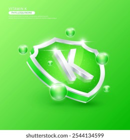 Vitamina K o filoquinona en forma de escudo de plata y átomo verde. Proteja el cuerpo y manténgase saludable. Utilizado para los productos alimenticios de la nutrición. Conceptos científicos médicos. Vector 3D aislado EPS10 ilustración.