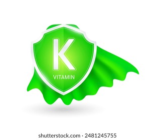 Vitamin K plus in Schild Ritter grüner Umhang. Schützen und bauen Sie eine gesunde Immunität auf. Vitamine und Mineralstoffe essenziell. Für Anzeigen Nahrungsergänzungsmittel medizinische Apotheke. Vektorgrafik EPS10 Abbildung.
