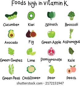 Vitamin K rich Foods, Vegetables Vector Illustration. 