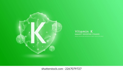 Protector de vitamina K verde translúcido poligonal. Vitaminas de refuerzo inmunológico. La innovación médica protege su cuerpo sano. Escuche la protección futurista moderna del triángulo de popa bajo. Vector de pancarta.