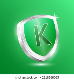 Vitamin K shield protected guard isolated on green background. Protect the body stay healthy. For nutrition products food and meds for heath flu. Medical concepts. 3D Vector illustration.