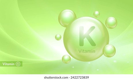 Vitamin K vector banner with drop bubbles. Medical poster of K vitamin complex. Health and beauty care. Nutritional supplements