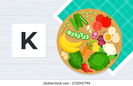 Ilustraciones planas vectoriales de vitamina K. Productos con el contenido máximo de vitamina K.