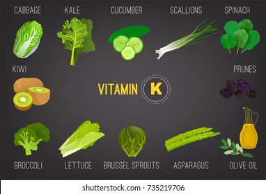 Vitamin K vector illustration. Foods containing vitamin K in bright modern style. Source of vitamin K - greens, vegetables, salads on grey background. Medical, healthcare and dietary creative concept.