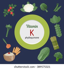 Vitamin K and vector set of vitamin K rich foods. Healthy lifestyle and diet concept. 