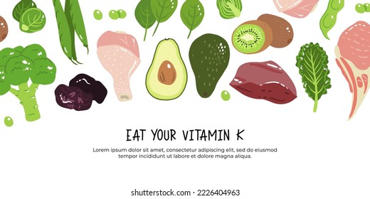 Vitamin k vector stock illustration. Food products with a high content of the vitamin k1 and k2. prunes, liver, pork chops, broccoli, green beans and peas, kale, spinach and brussels sprout.