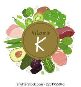 Vitamin k vector stock illustration. Food products with a high content of the vitamin k1 and k2. prunes, liver, pork chops, broccoli, green beans and peas, kale, spinach and brussels sprout.