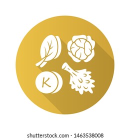 Vitamin K yellow flat design long shadow glyph icon. Edible greens and cabbage. Healthy food. Minerals, antioxidants natural source. Proper nutrition. Vector silhouette illustration
