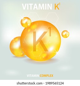 Vitamin K1 in 3d style on gold background. Vitamin drop pill capsule. Isolated vector illustration. Health care. 3d vector illustration. Vector illustration design.