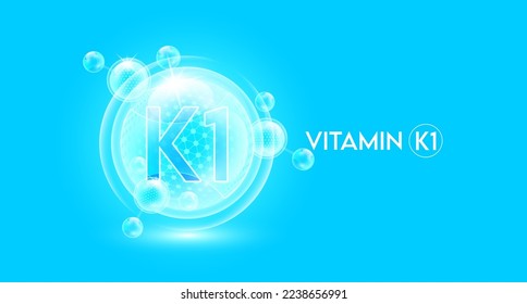 Vitamin K1 and bubble atom molecule collagen serum chemical formula shield protection skin. Skincare anti age nutrition supplement multivitamin complex. On blue background. 3D vector.