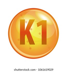 Cápsula de vitamina K1. Icono de Vector para la salud. Píldora brillante de oro.